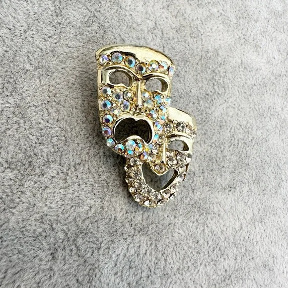 Vintage Gold Tone Aurora Borealis Rhinestone Comedy Tragedy Theater Mask Brooch - Picture 3 of 5